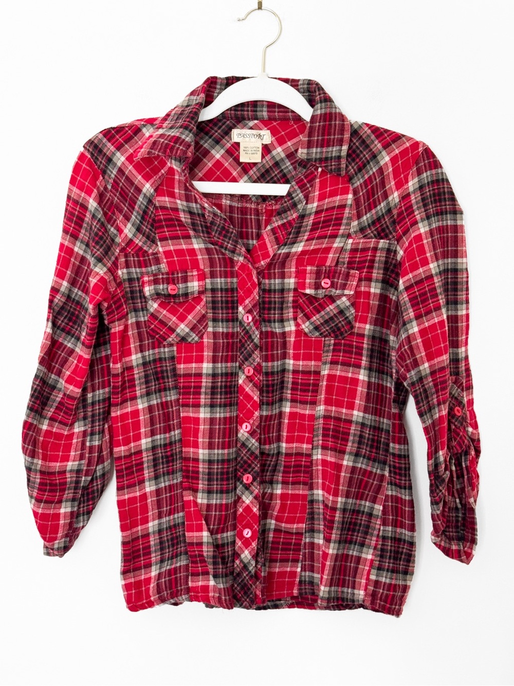 Passport Red Plaid Cotton Flannel Button Down Shirt - Size Large (Runs Small)